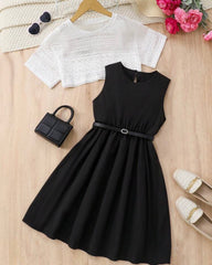 Girls 2-Piece White Mesh Knit Top & Black Dress