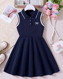 Girls' Bow Print Polo Collar Casual Dress