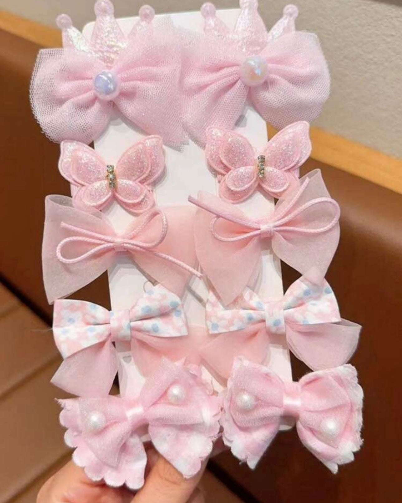 10pcs/Set Girls' Sweet Crown, Bow & Faux Pearl Decor Hair Clip Set