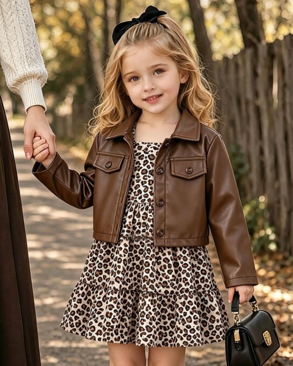2pcs Set Young Girl Vintage Fall Lapel Short Leather Jacket