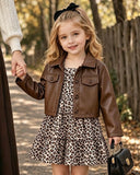 2pcs Set Young Girl Vintage Fall Lapel Short Leather Jacket