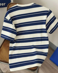 Men's Casual Blue & White Striped Short Sleeve Round Neck T-Shirt