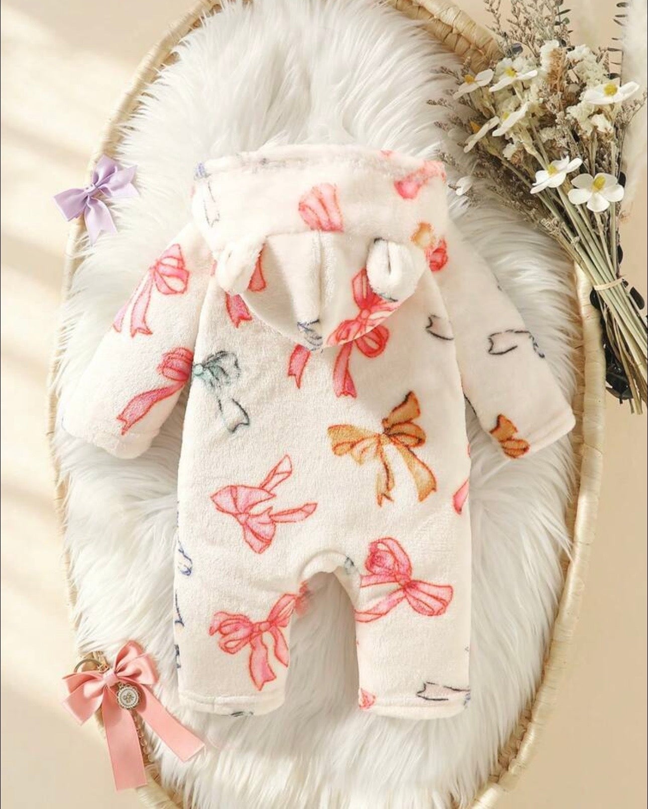 Bowknot Double-Sided Plush Baby Hooded Romper