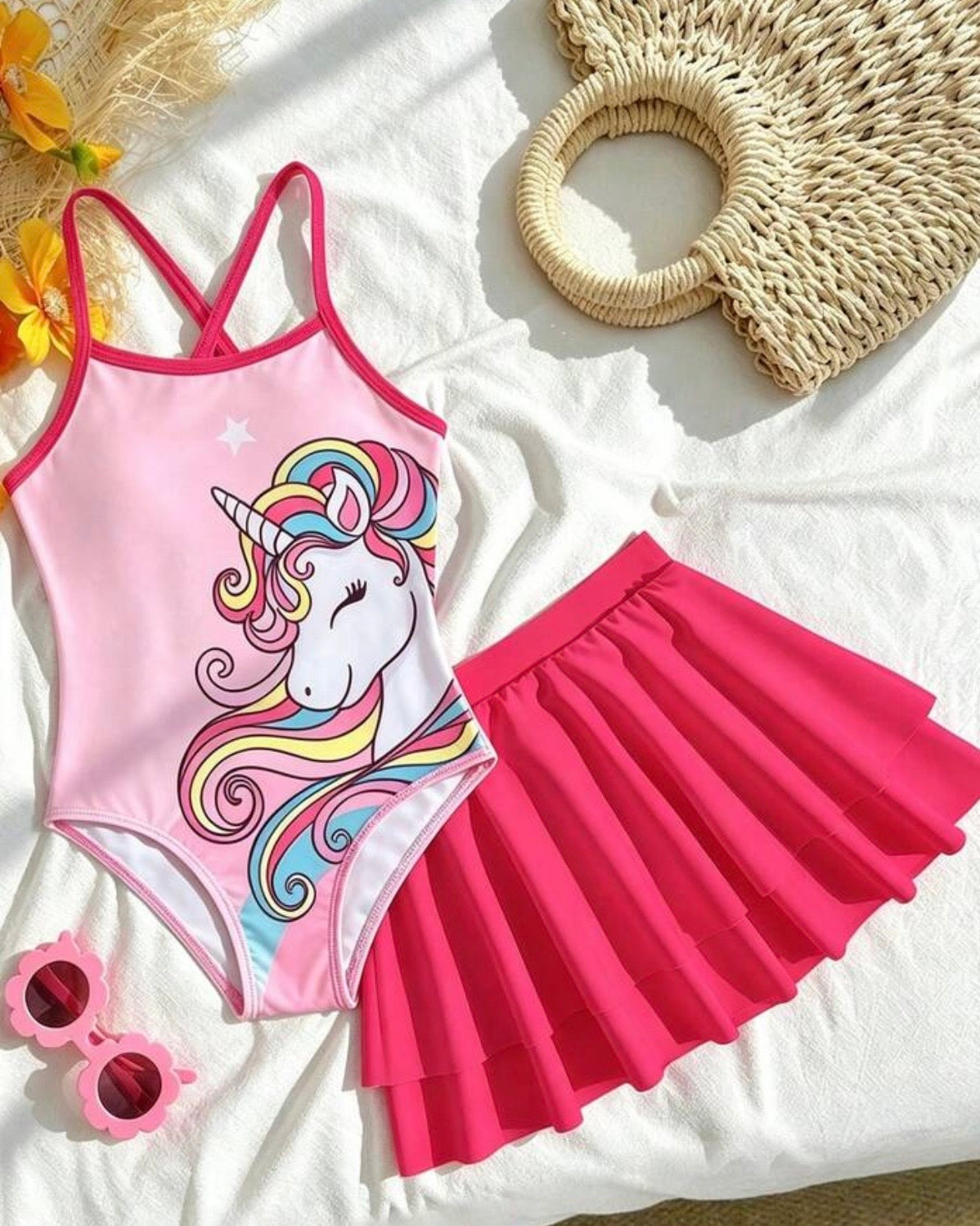 Girls Unicorn Print One-Piece Swimsuit with Skirt