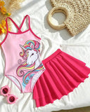 Girls Unicorn Print One-Piece Swimsuit with Skirt
