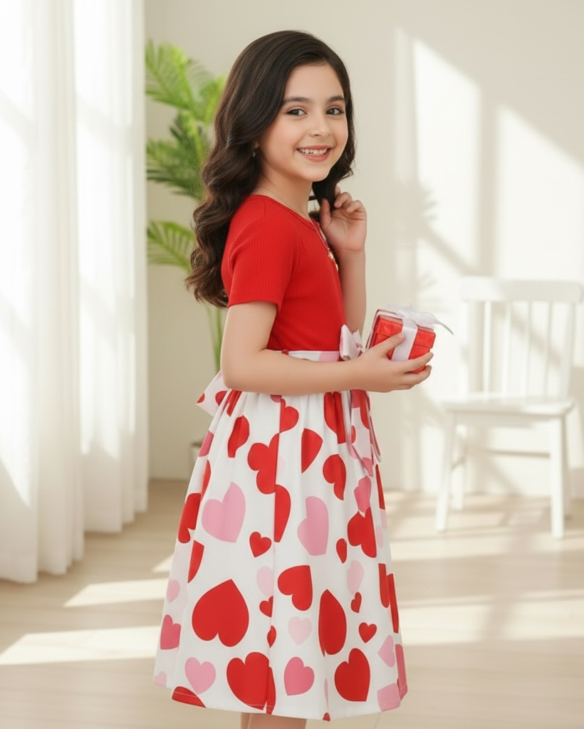 Girls Red Knit Dress with Heart Hem & Tie Waist – Cute Summer Casual Dress for Kids