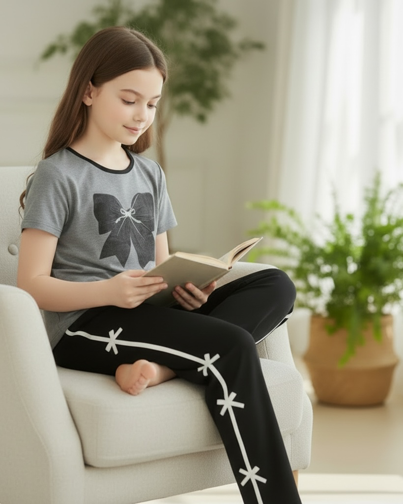 Girls Grey and Black Bow T-Shirt & Pants Set