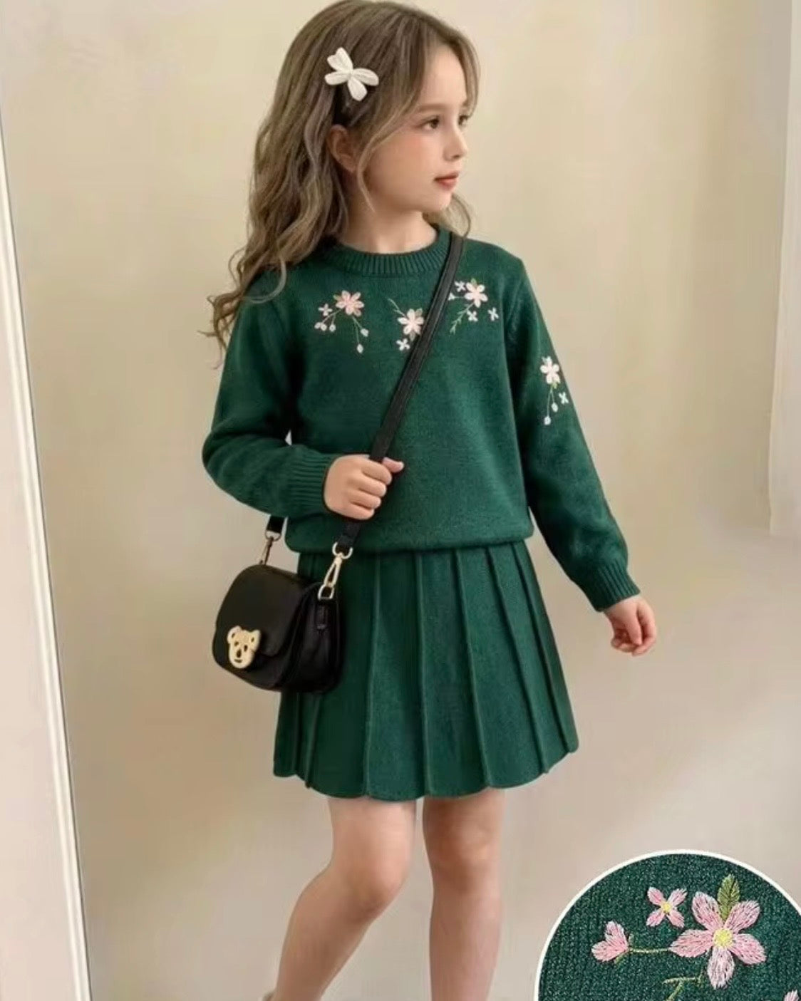 Girls’ Green Floral Jacquard Cardigan & Pleated Skirt Set