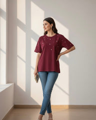 Women’s Burgundy Colour Beaded T-Shirt
