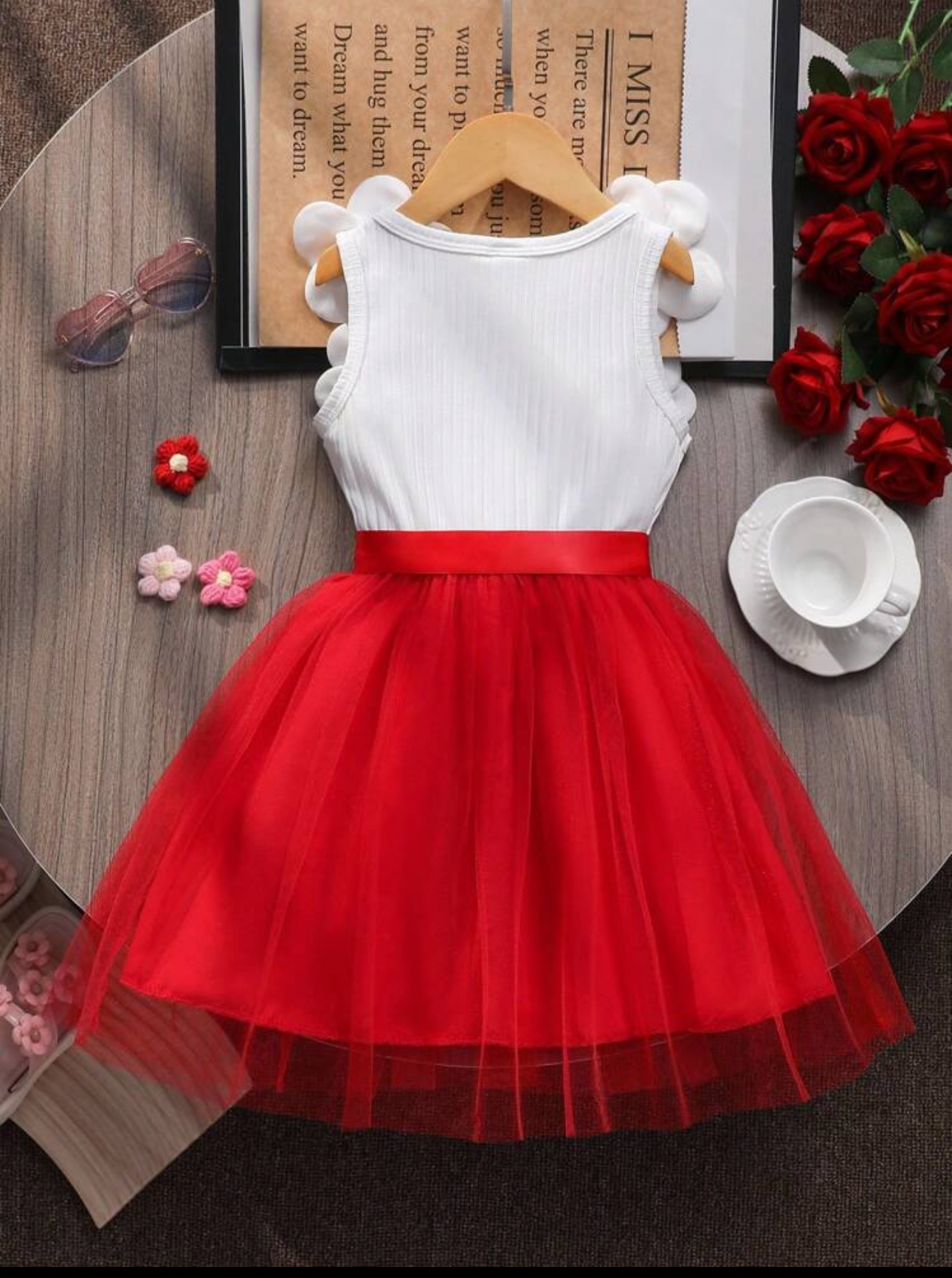 Kids Girls 3D Red Floral Mesh Sleeveless Summer Party Dress