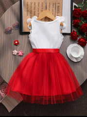 Kids Girls 3D Red Floral Mesh Sleeveless Summer Party Dress