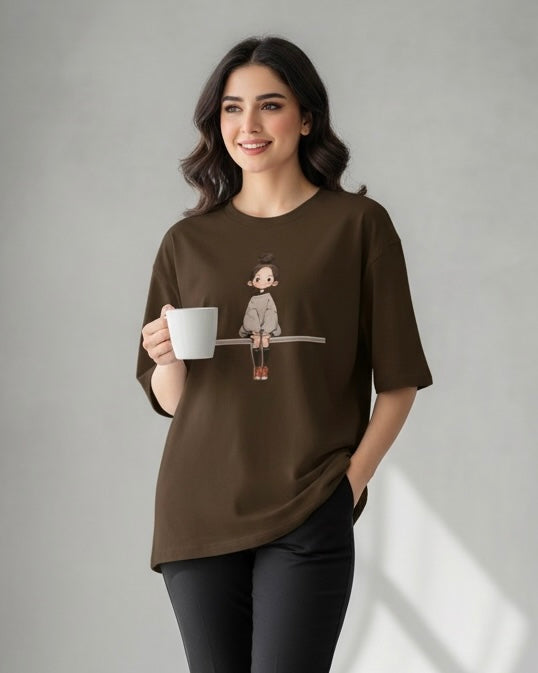Women Brown Graphic Print Oversized T-Shirt – Summer