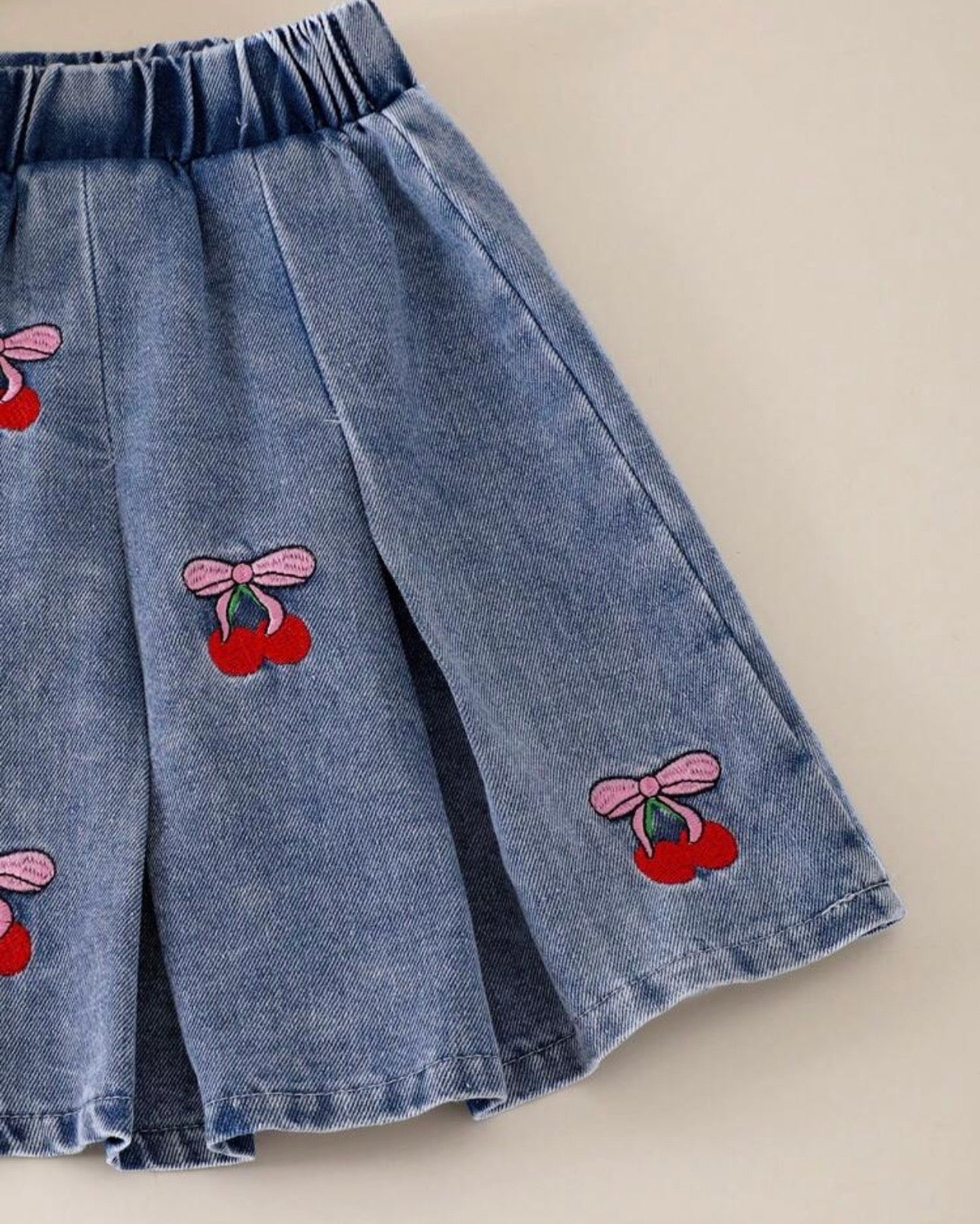 Girls Cherry Embroidered Top & Frilled Denim Skirt Set (3 Colours)
