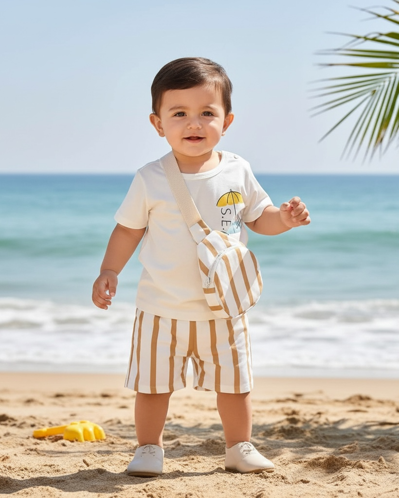 3-Piece Baby Boy Vacation Outfit Set – Graphic Tee, Striped Shorts & Crossbody Bag