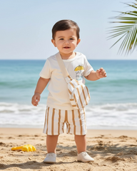 3-Piece Baby Boy Vacation Outfit Set – Graphic Tee, Striped Shorts & Crossbody Bag