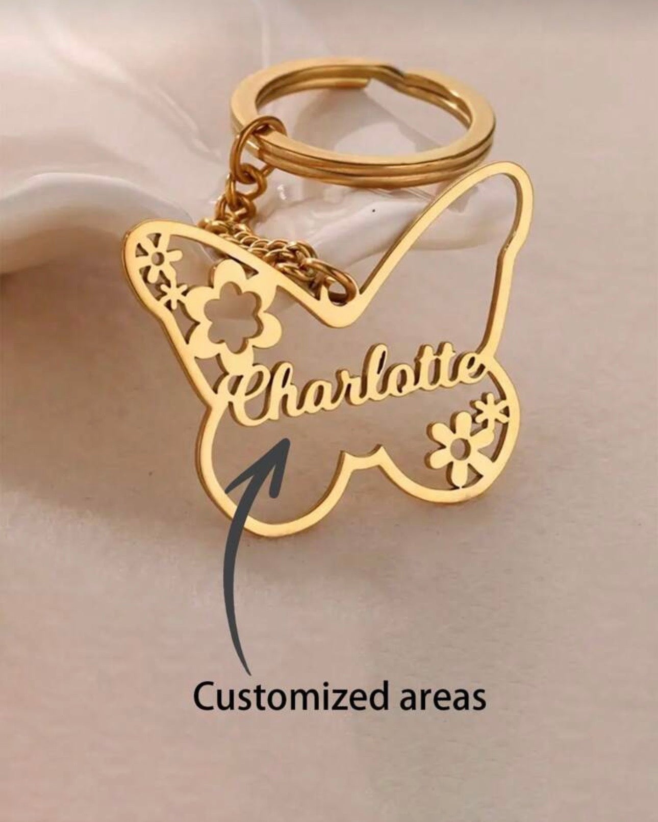 Custom Name Butterfly Flower Stainless Steel Keychain