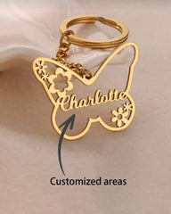 Custom Name Butterfly Flower Stainless Steel Keychain