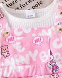 2Pcs Baby Girl Ribbed White T-Shirt & Cartoon Rabbit Bear Pocket Overall Shorts Set