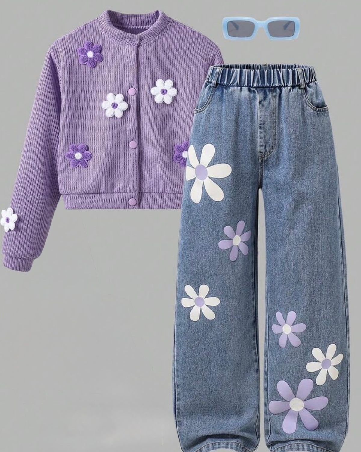 Tween Girls Purple 3D Floral Cardigan & Vintage Floral Blue Jeans Set