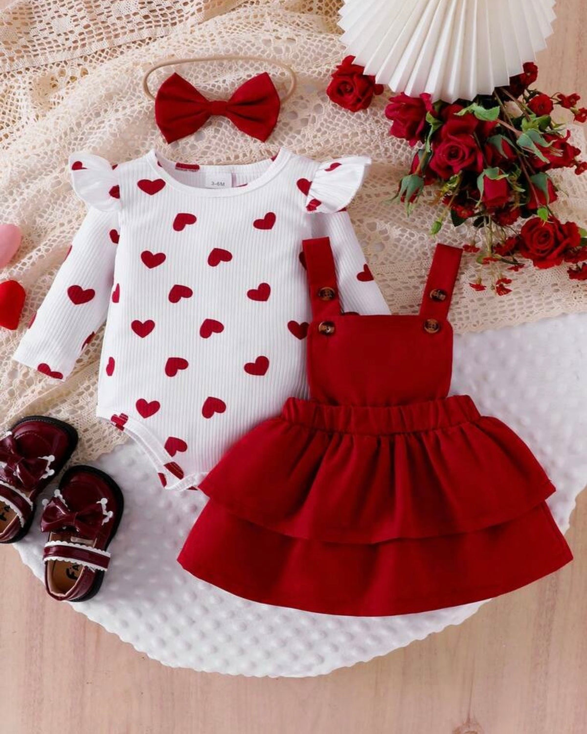 Baby Girl 3pcs Heart Print Bodysuit, 2-Layer Ruffle Skirt & Headband Set