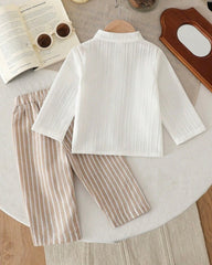 2PCS Baby Boy White and Brown Retro Casual Set