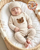 Newborn Baby Unisex Jumpsuit Set – Bear Embroidery Long-Sleeve Romper With Hat