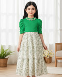 Tween Girl 2Pcs Outfit – Green Faux Pearl Top & Floral Ruffle Skirt Set