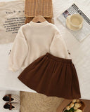 Girls Apricot Fleece Sweatshirt And Brown Skirt Set