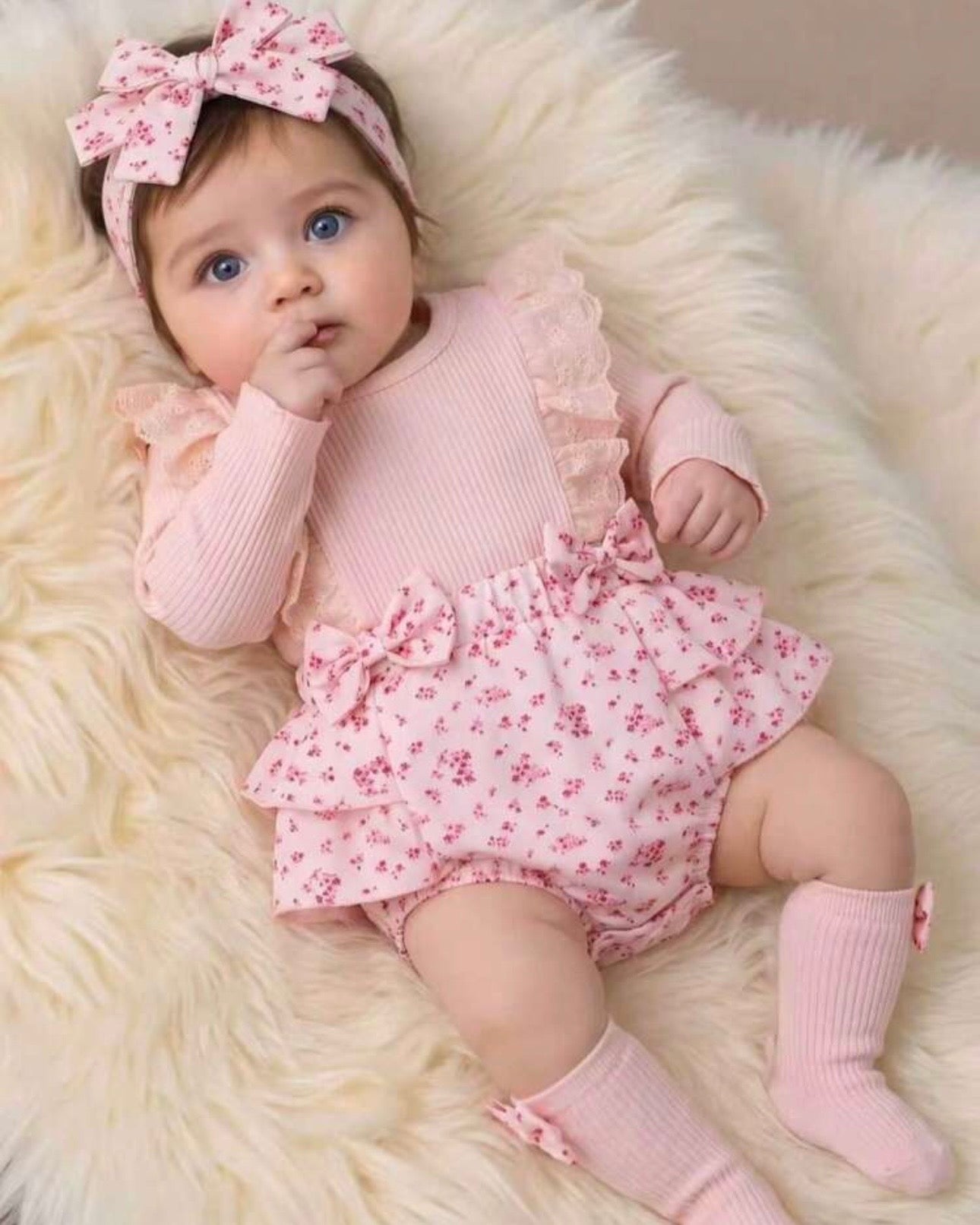 Baby Girl 3D bow Pink Floral Flutter Sleeve Overall Bodysuit +Socks + headband
