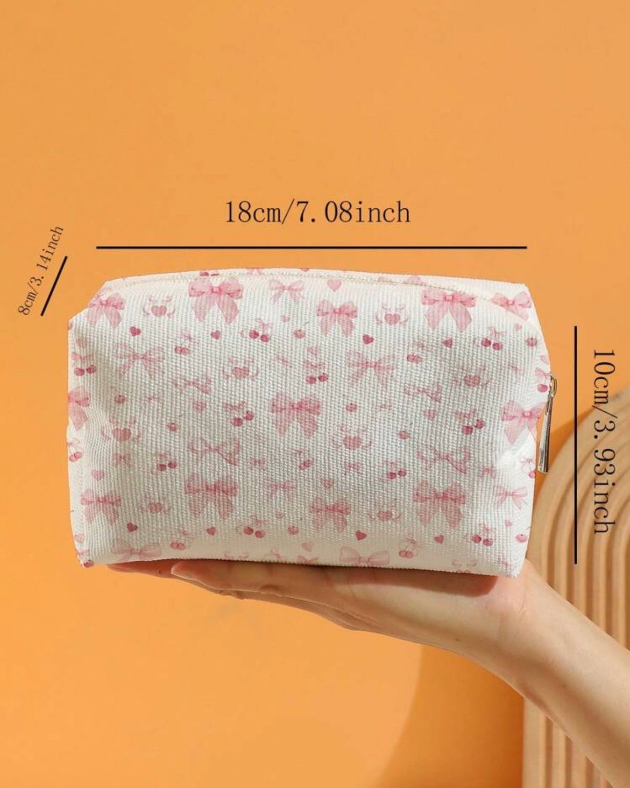 Kawaii Style White Makeup Pouch With Bow, Cherry & Heart Pattern