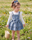 3-Piece Baby Girl  Blue Floral Ruffle Suspender Dress with Top & Bow Headband