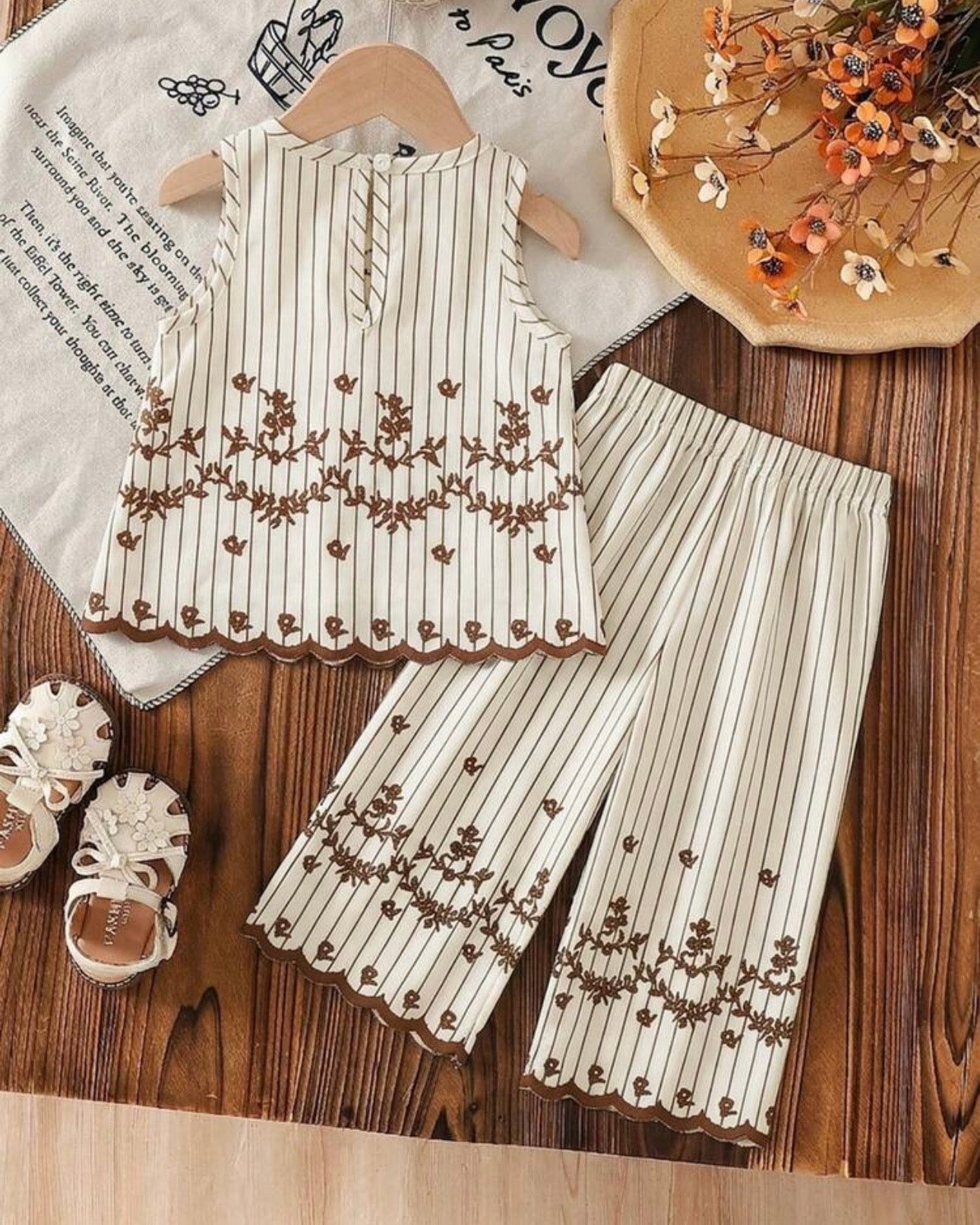 Baby Girls Sleeveless Co-Ord Set – Brown Printed Embroidered Hem Top & Wide-Leg Pants