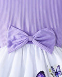 Girls’ Purple Summer Ruffled Sleeve Bow-Tie Butterfly Print Dress