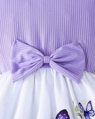 Girls’ Purple Summer Ruffled Sleeve Bow-Tie Butterfly Print Dress