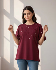 Women’s Burgundy Colour Beaded T-Shirt