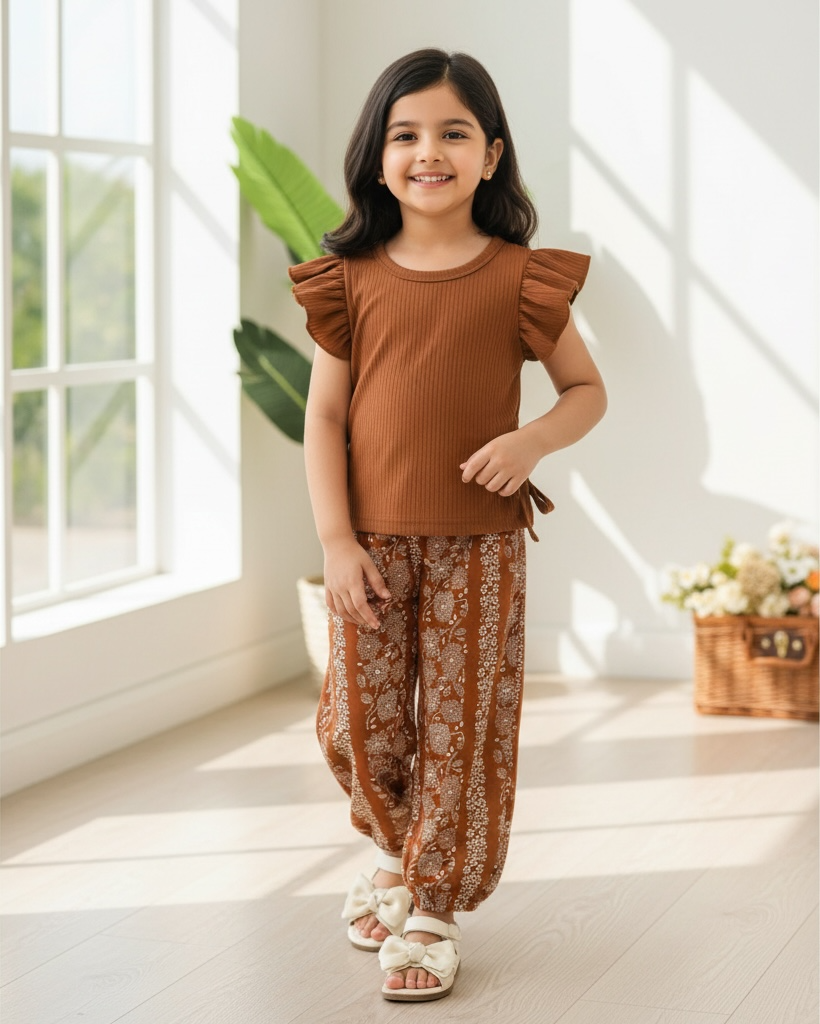 Baby Girls Brown Striped Ruffle Sleeve T-Shirt & Floral Pants Set