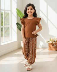 Baby Girls Brown Striped Ruffle Sleeve T-Shirt & Floral Pants Set