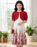 Girls 2-Piece Red Floral Print Pleated Dress & Cardigan Set