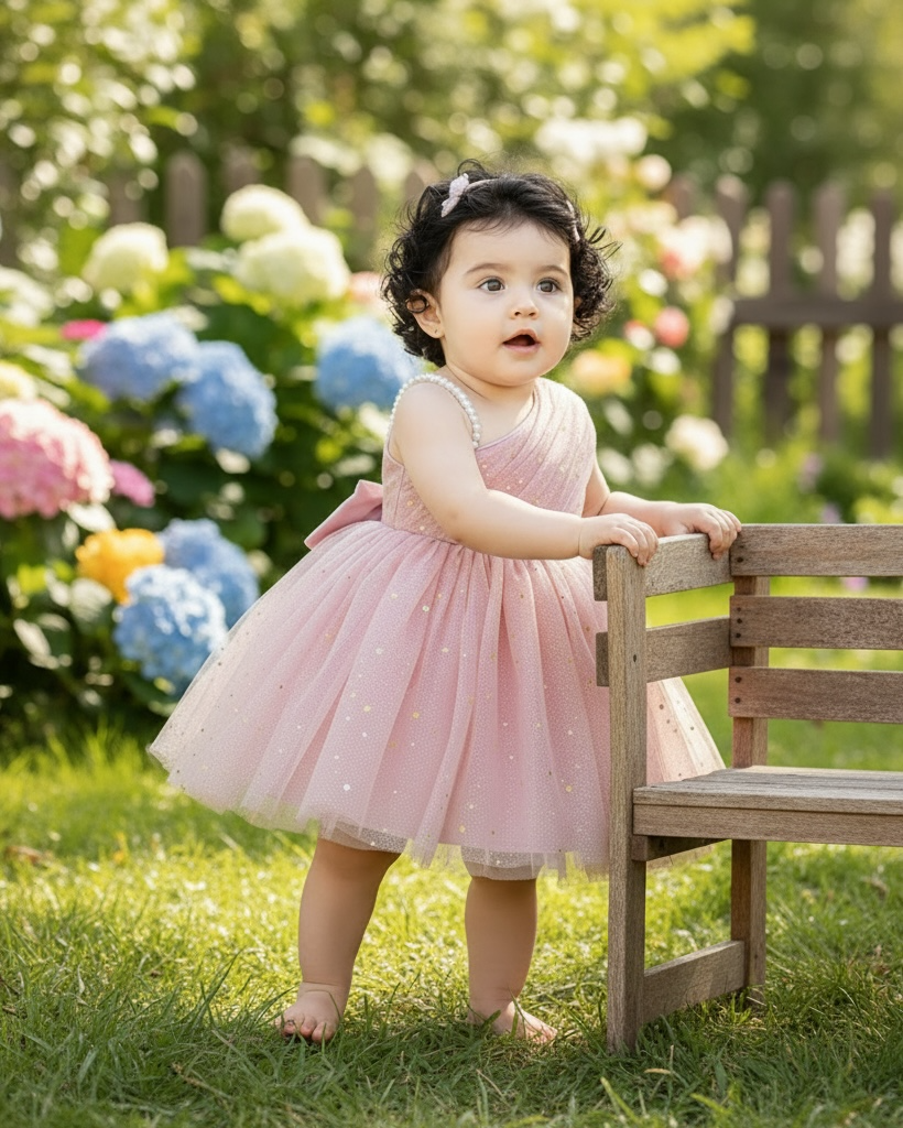 Baby Girls’ Pink Asymmetric Shoulder Faux Pearl Sequin Mesh Elegant Flower Girl Dress