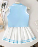 Girls Light Blue Heart Print Outfit Set – Sleeveless Polo Shirt & Pleated Skirt