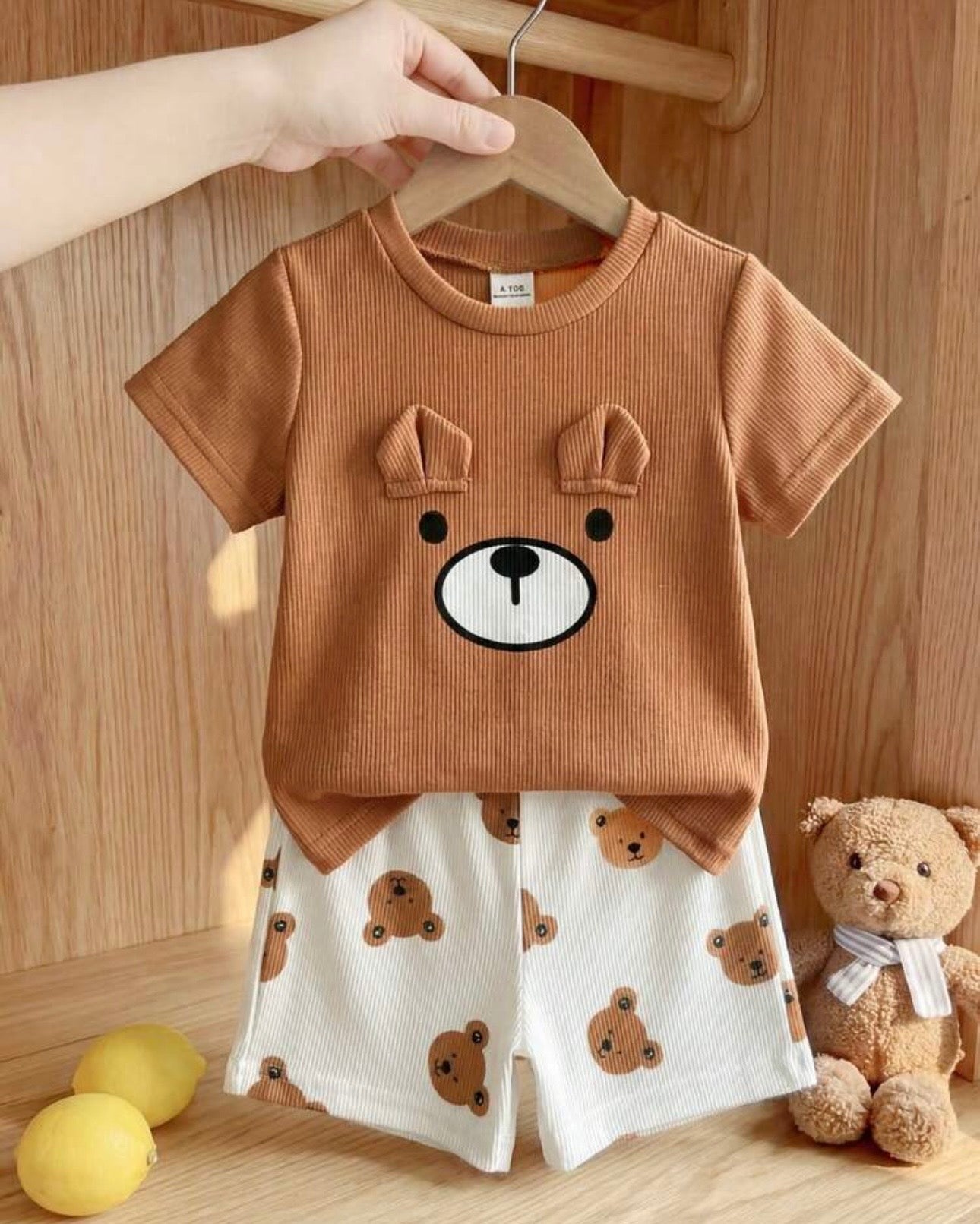 Baby Boy Brown Teddy Bear Ribbed Summer Set