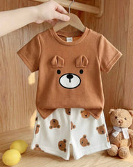 Baby Boy Brown Teddy Bear Ribbed Summer Set