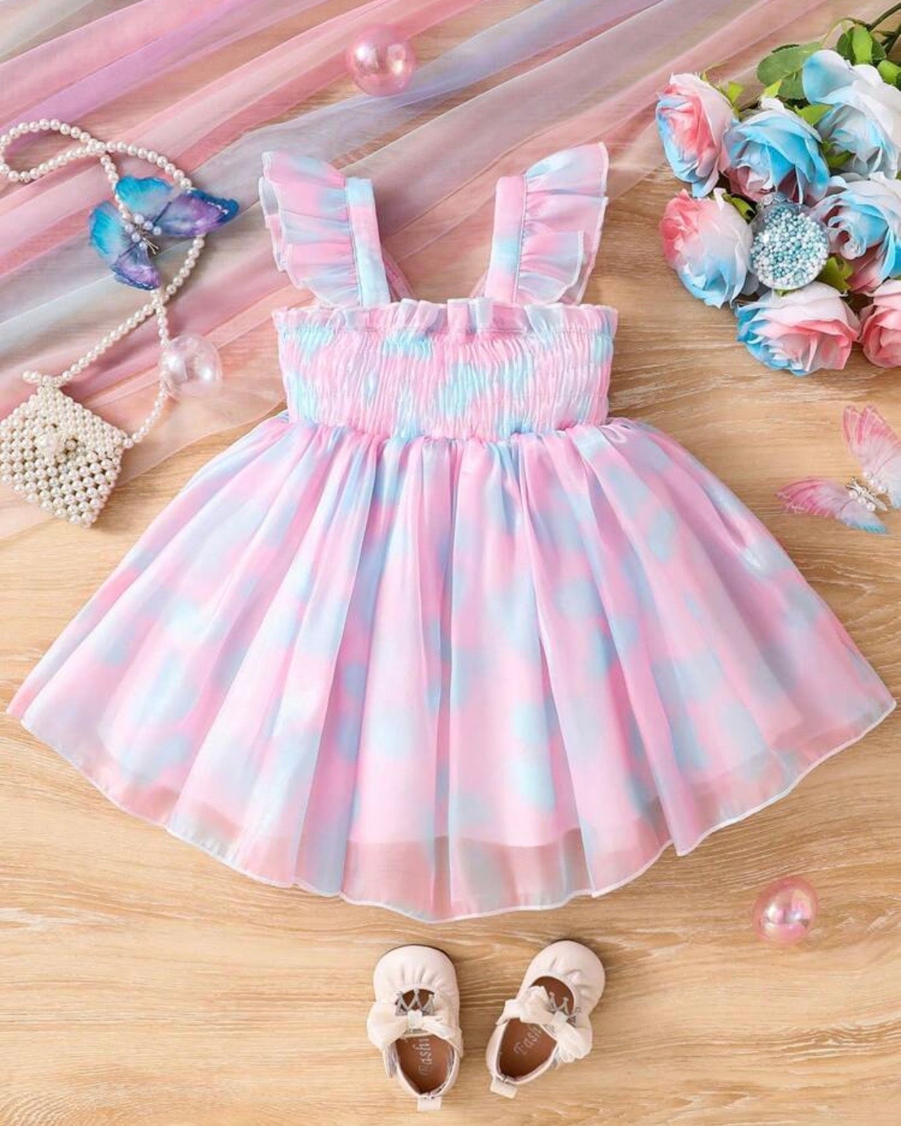 Pink & Blue Tie Dye Print Princess Mesh Dress