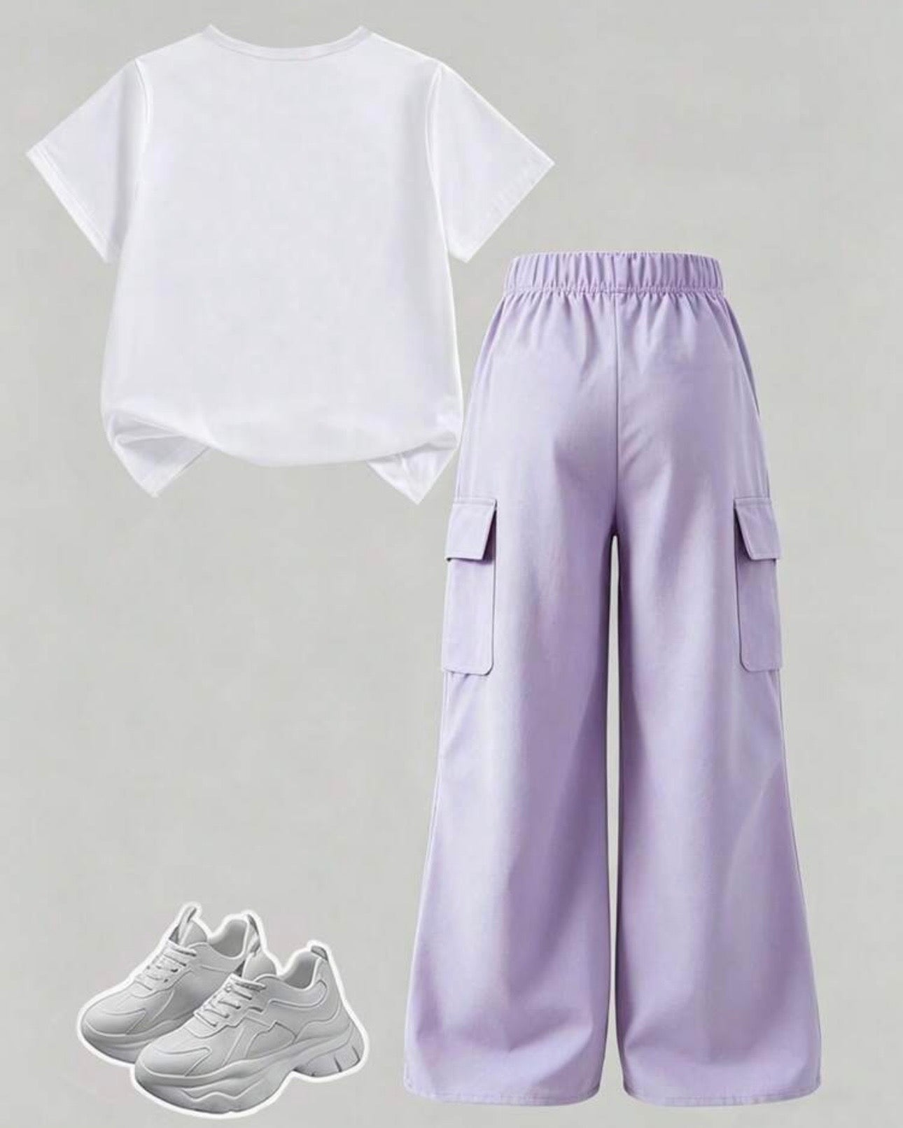 Tween Girls Purple Bow Embroidery White T-Shirt & Cargo Pants Set