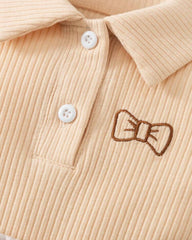 2pcs Beige Baby Girl Bowknot-Shape Embroidery Sleeveless Top&Short Pleated Skirt