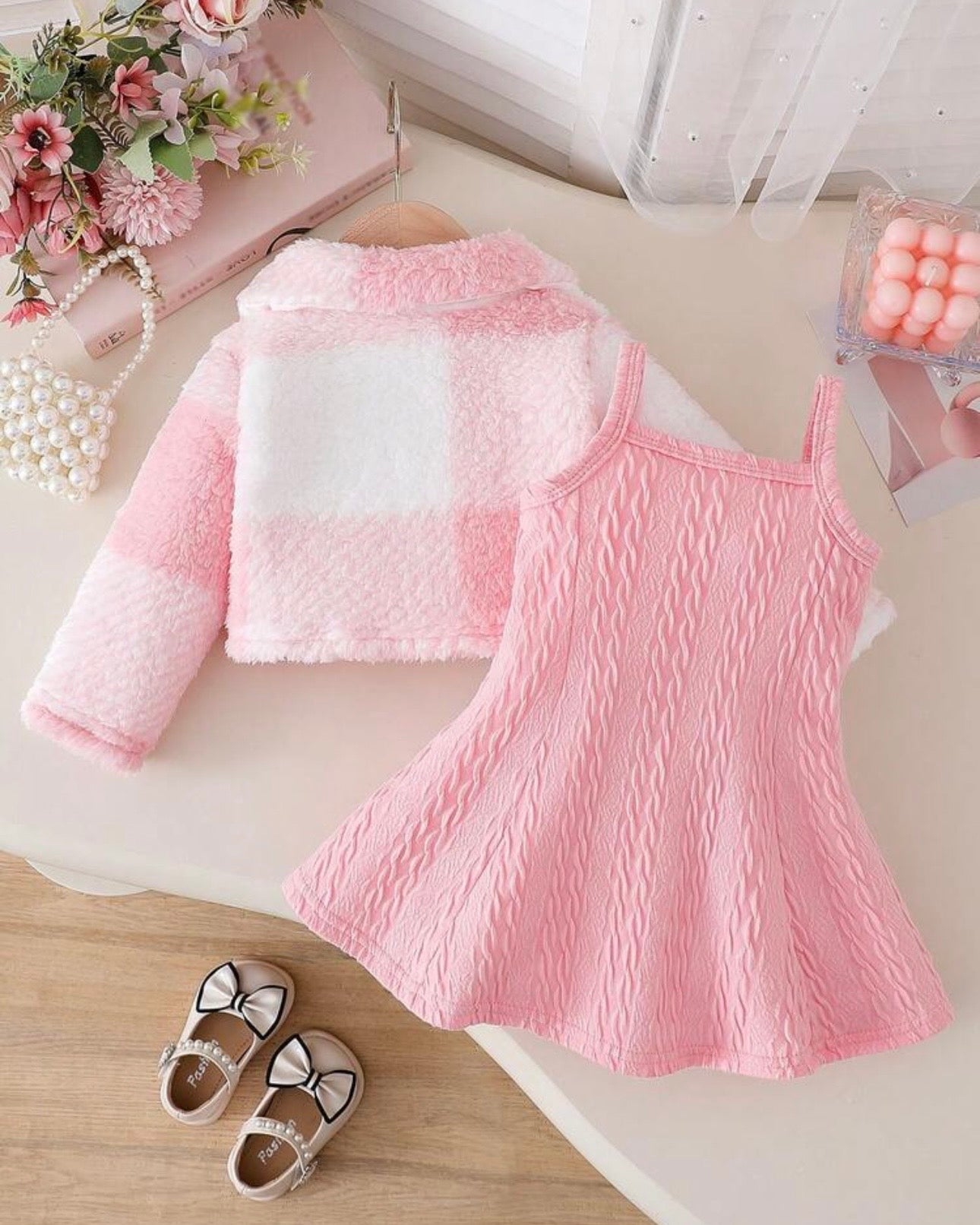 Baby Girl Pink Fur Collar Bow Cardigan & A-Line Dress Set – 2-Piece Princess Outfit