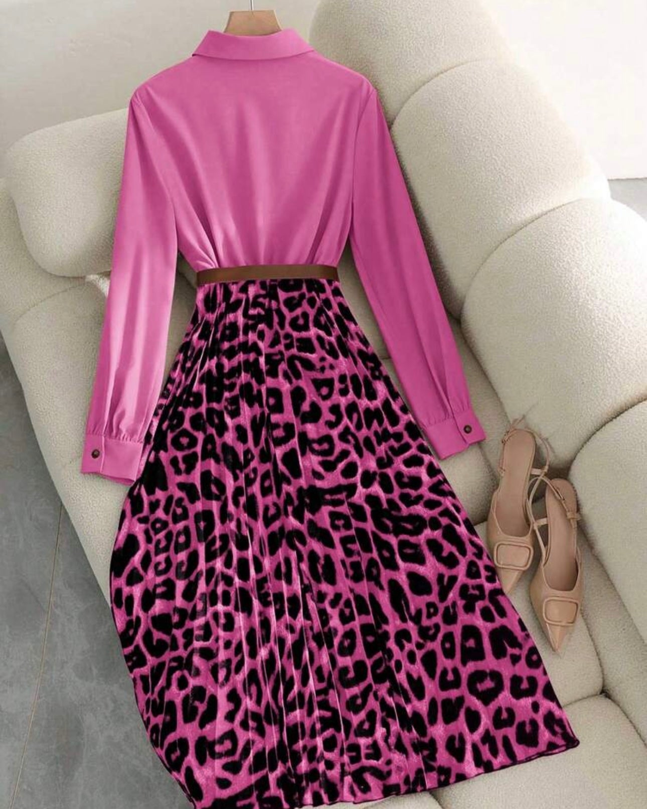 Women's Elegant Waist Cinched Slim Fit Leopard Print Pleated Flare Maxi Dress