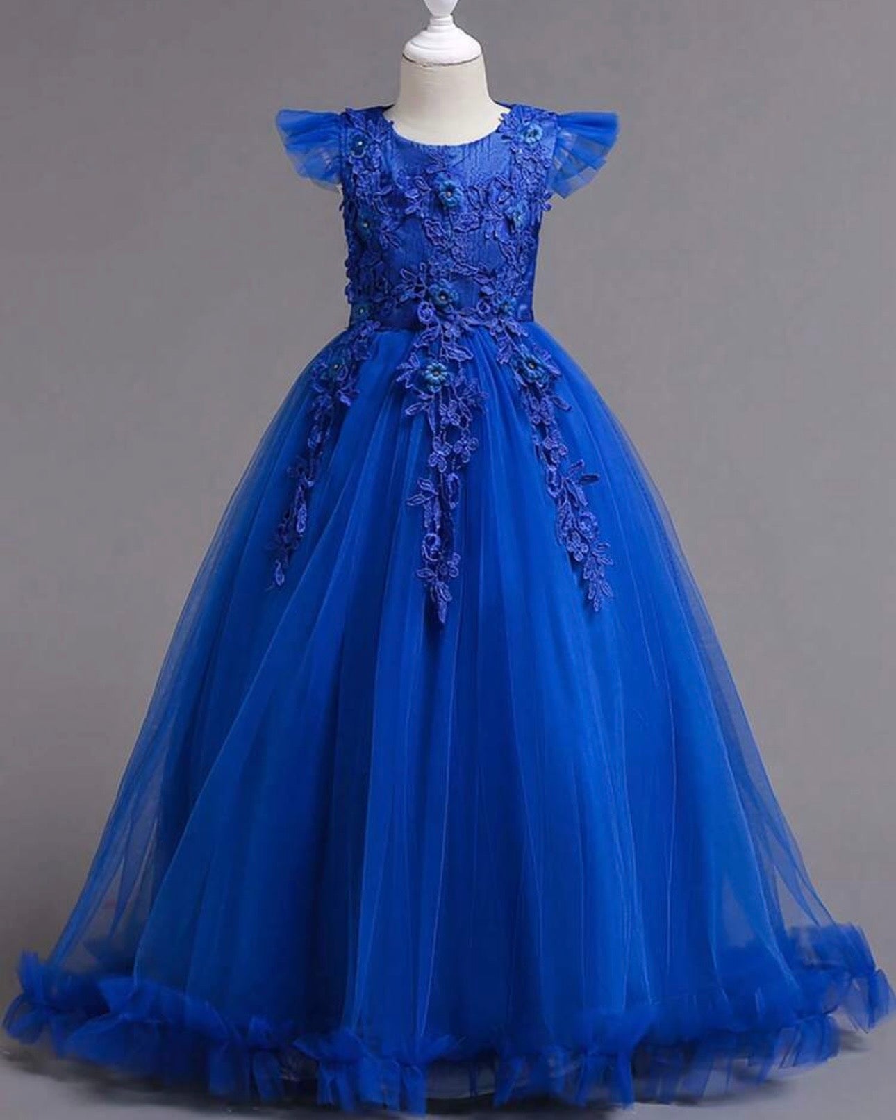 Girls’ Long Blue Embroidered Princess Wedding Dress