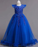 Girls’ Long Blue Embroidered Princess Wedding Dress