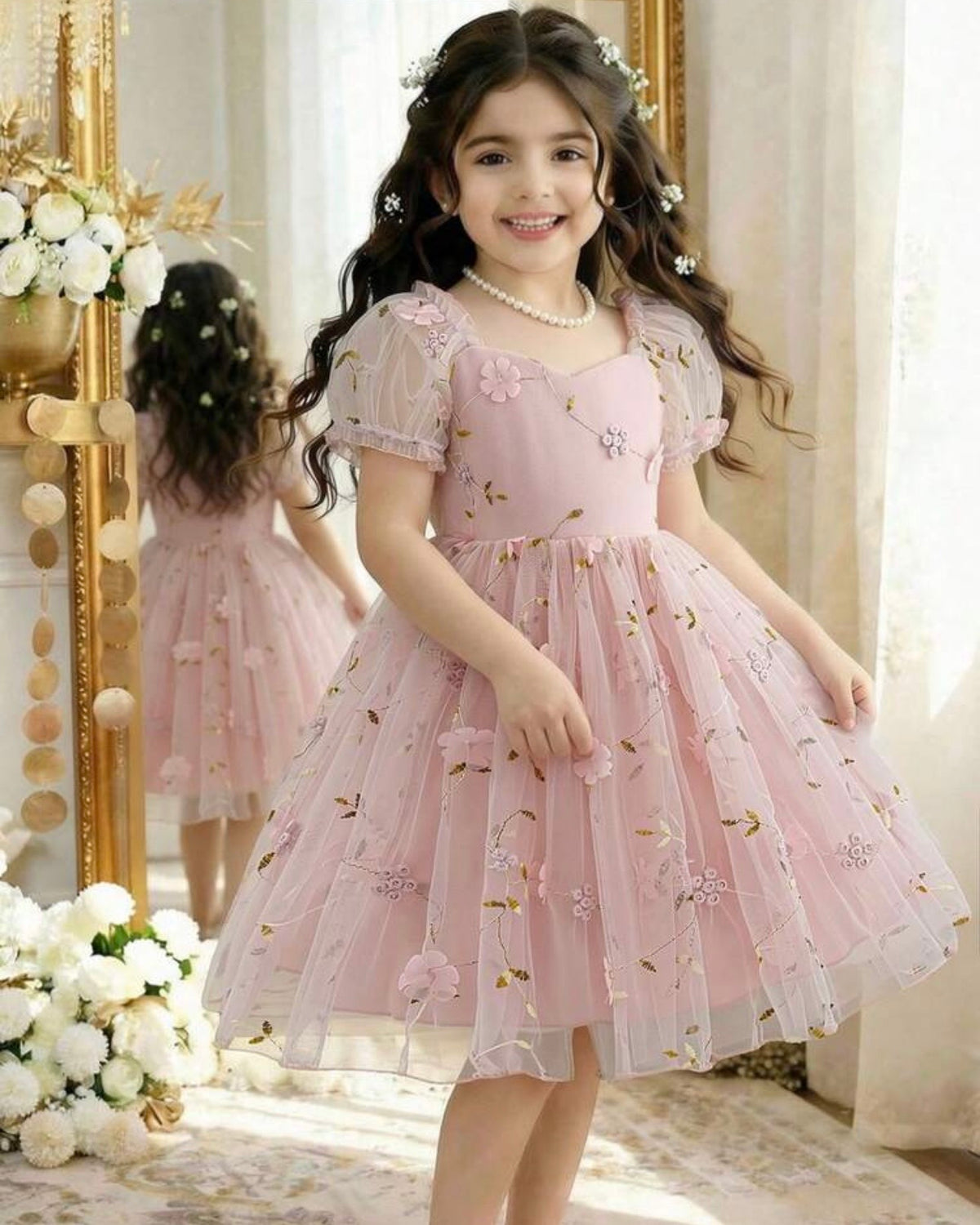 Pink Puff Sleeve Formal Party Tulle Dress with Cinched Waist
